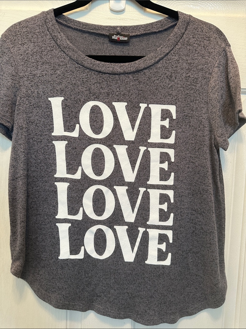 Fashion Magazine Gray Short Sleeve Tee with White "LOVE" Print